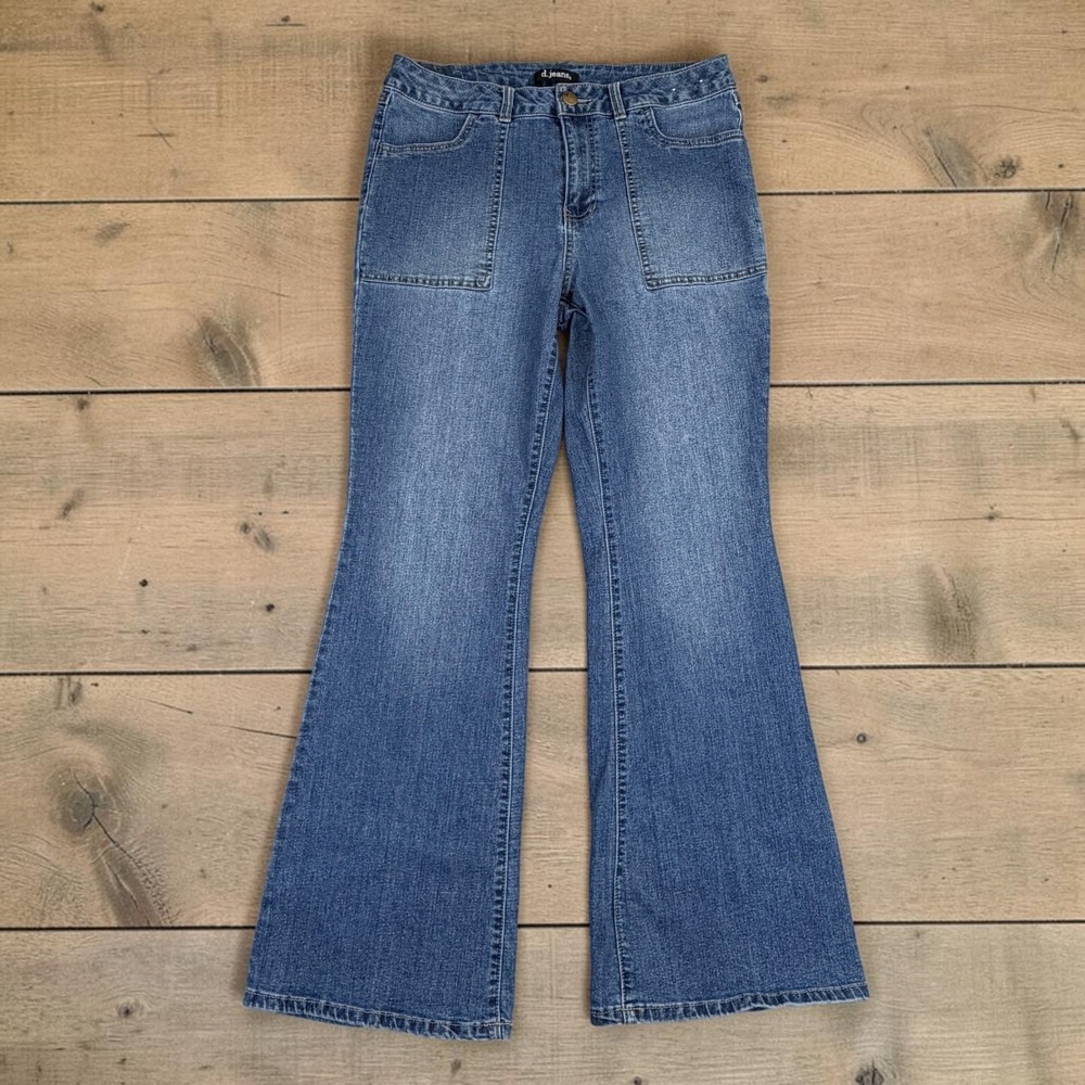 d.jeans Flare Jeans Womens 12 Blue Denim High Rise Patch Pockets Retro Stretch